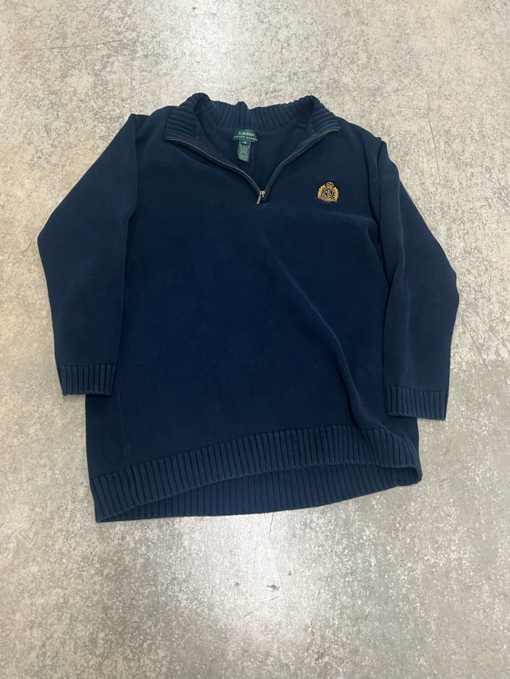 Vintage women Ralph Lauren Navy quarter zip Sweater with Gold Crest